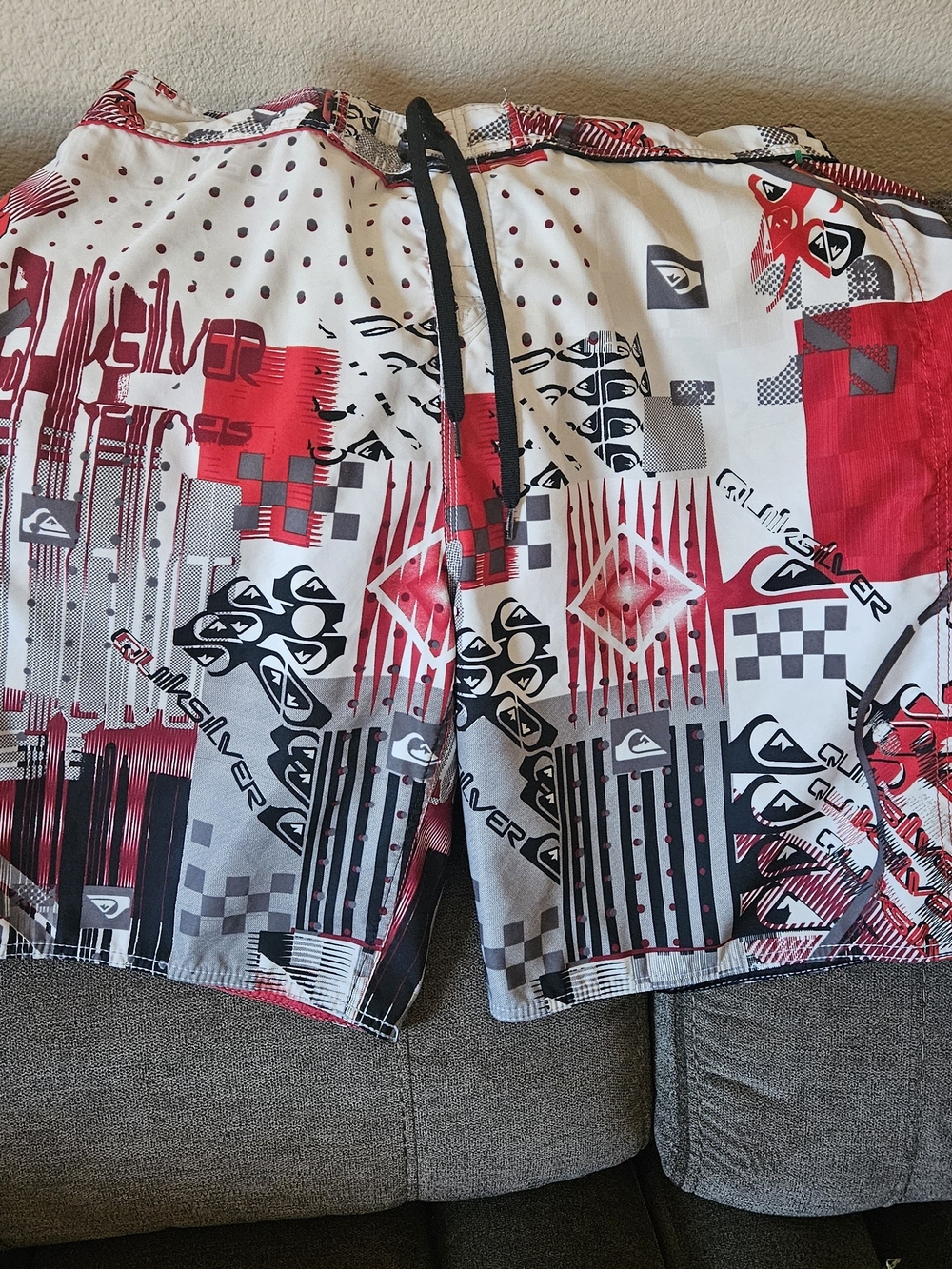 Quiksilver Men’s Red White and Black Graphic Swim Board Shorts